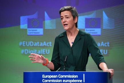 European Commission Executive Vice-President and Commissioner for A Europe Fit for the Digital Age, Margrethe Vestager, gives a joint press conference with the European commissioner for Internal Market on the Data Act at the EU headquarters in Brussels on February 23, 2022. - With companies reaping increasing amounts of data from consumers and firms, the EU is looking at wrestling back access to that digital information under a Data Act proposed on February 23 by the European Commission. (Photo by John THYS / AFP)