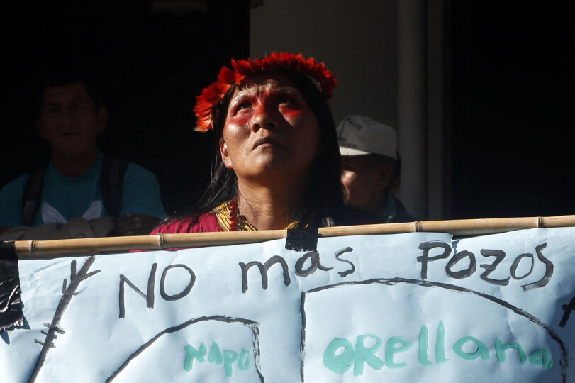 Waorani indigenous people protest outside the Ministry of Natural Resources in Quito on May 16, 2019, against the government's extractive policy in the Amazon. (Photo by Cristina VEGA / AFP)