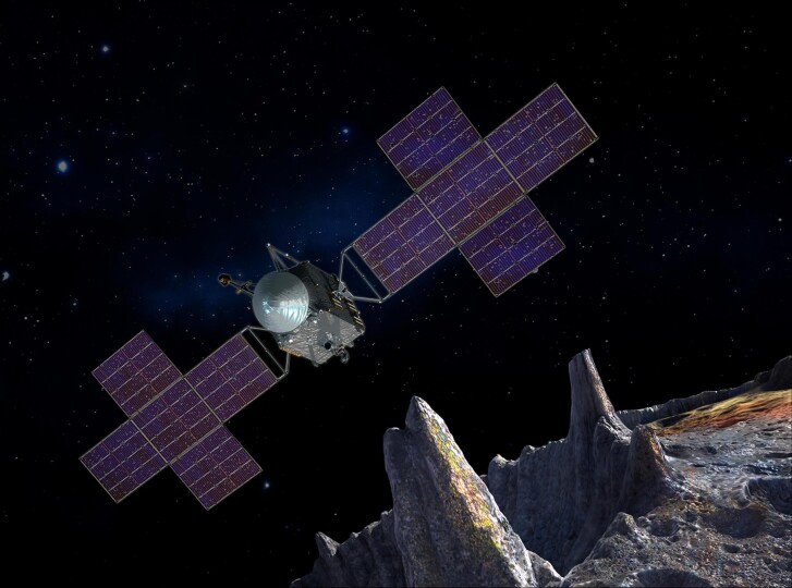 Illustration conceptuelle d'artiste, 2017, du vaisseau spatial de la mission Psyché de la NASA à proximité de l'astéroïde métallique du même nom.